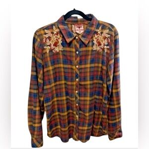 Grace in LA plaid Floral embroidered flannel button down Size XL large